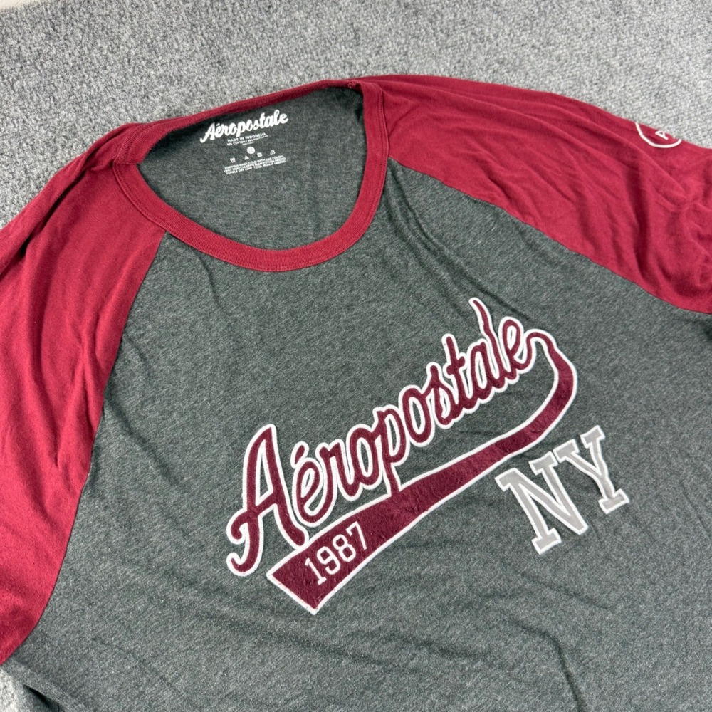 Aeropostale Graphic T-Shirt 3XL Gray Red Raglan Sleeve 1987 NY Mens